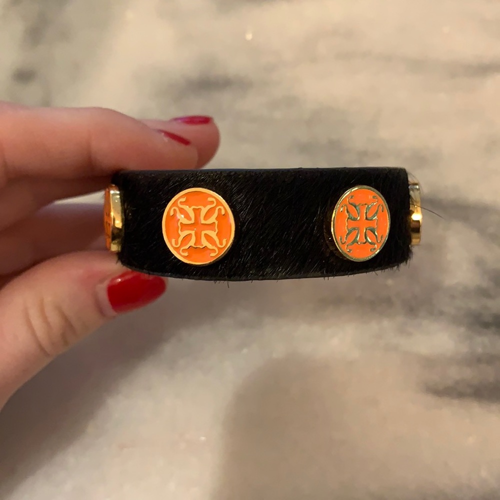 Rustic Cuff “Meghan” black calf skin with orange buttons bracelet